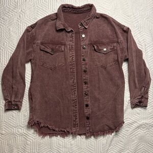 Distressed Button-Up Shacket in Burgundy